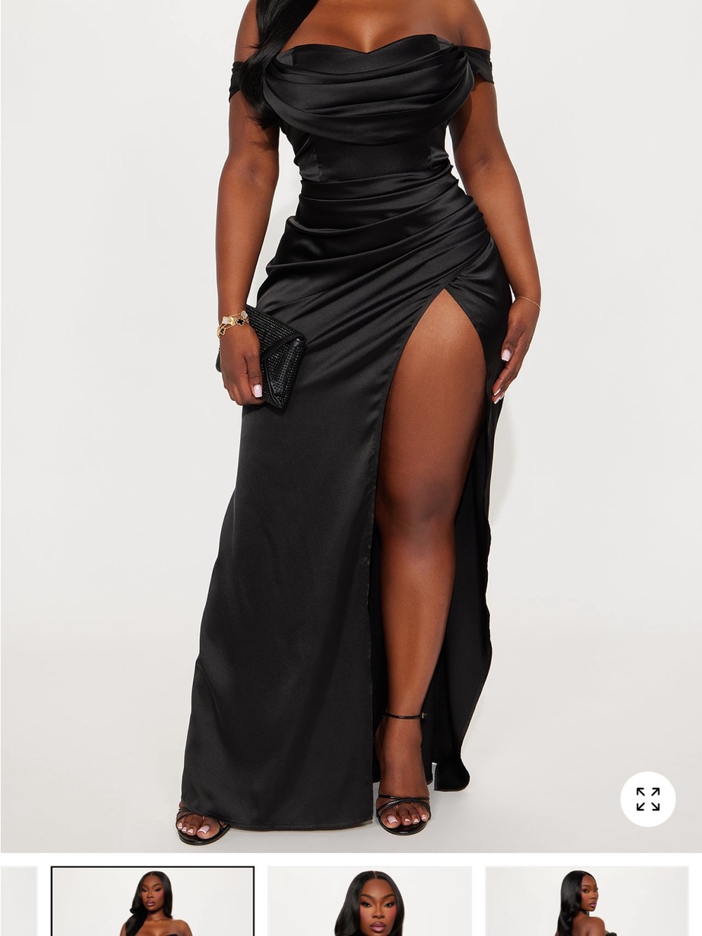 Fashion Nova Black Satin Off-Shoulder High-Slit Gown